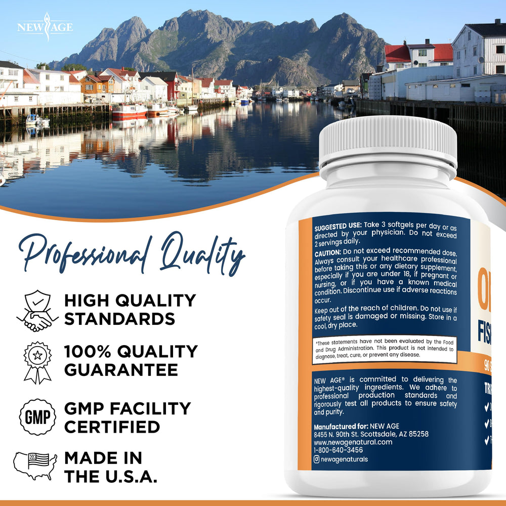 New Age omega-3 purity badge confirms quality and safety.
