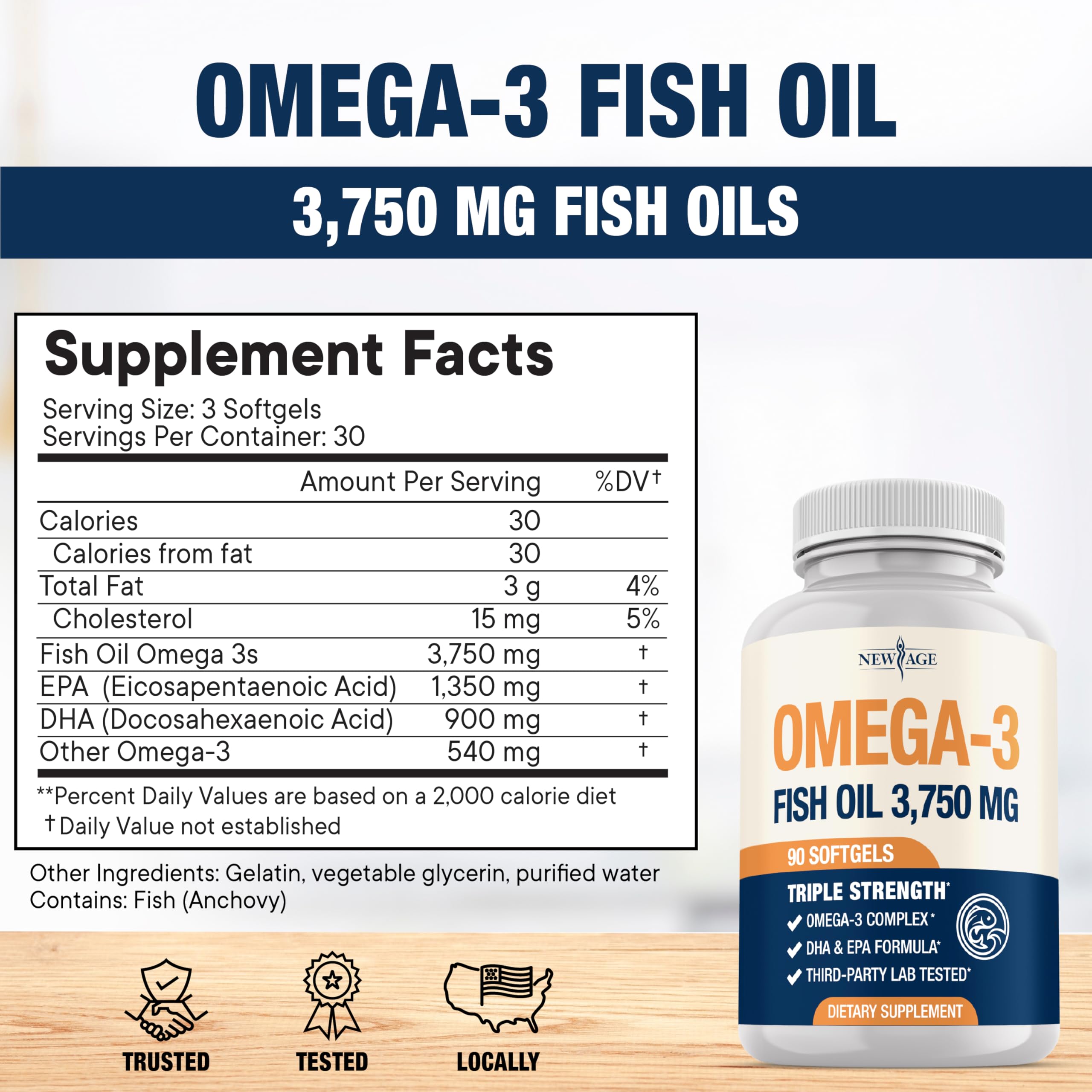 NEW AGE Omega-3 softgels close-up highlights burpless, clean taste and easy swallowing