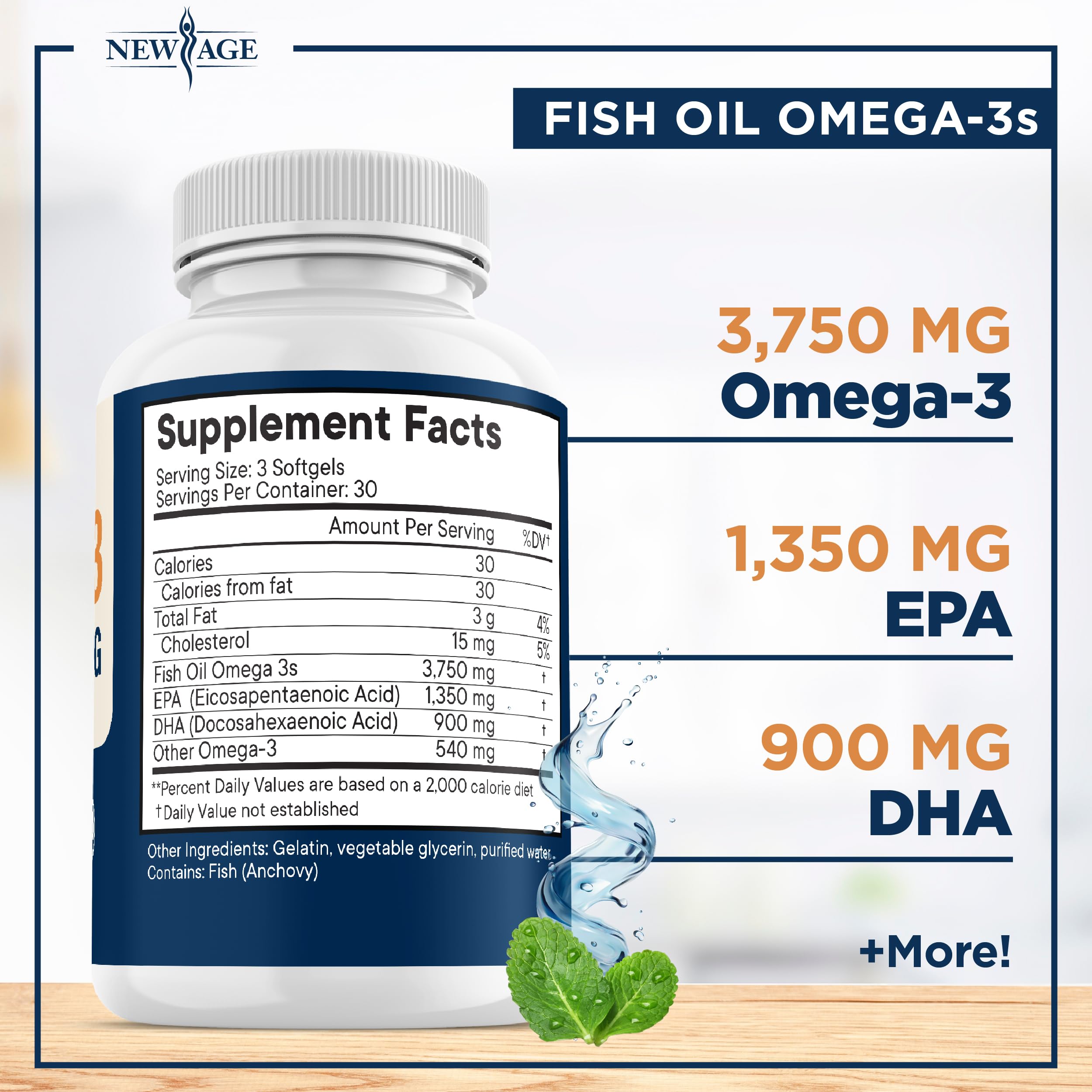 New Age Omega-3 softgels provide high EPA and DHA with burpless intake.