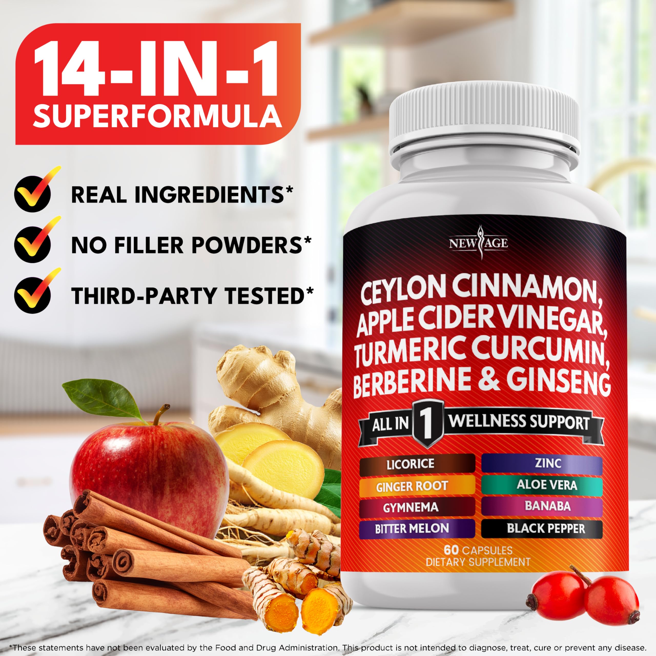 New Age turmeric-cinnamon combination capsules on shelf