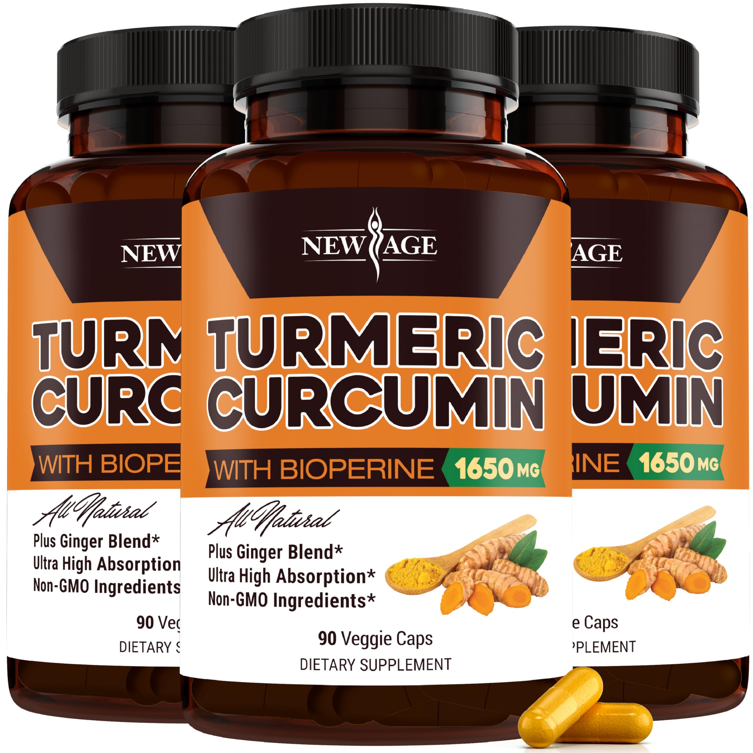 NEW AGE Turmeric Curcumin Capsules bottle front view highlighting standardized curcuminoids for daily wellness.