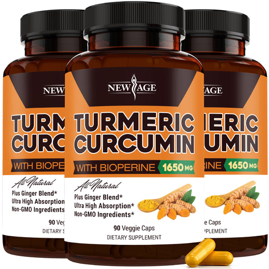 NEW AGE Turmeric Curcumin Capsules bottle front view highlighting standardized curcuminoids for daily wellness.