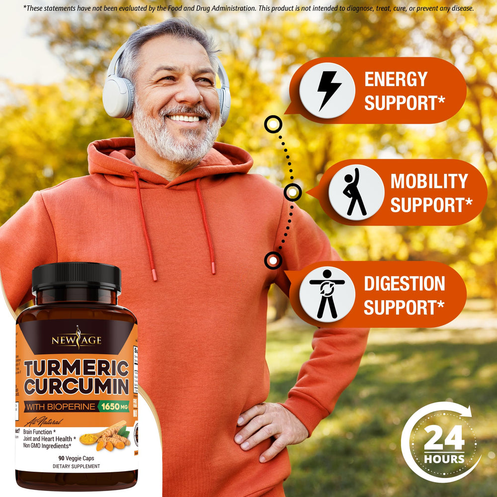 NEW AGE Turmeric Curcumin Capsules ingredients panel highlights natural blend and quality ingredients.
