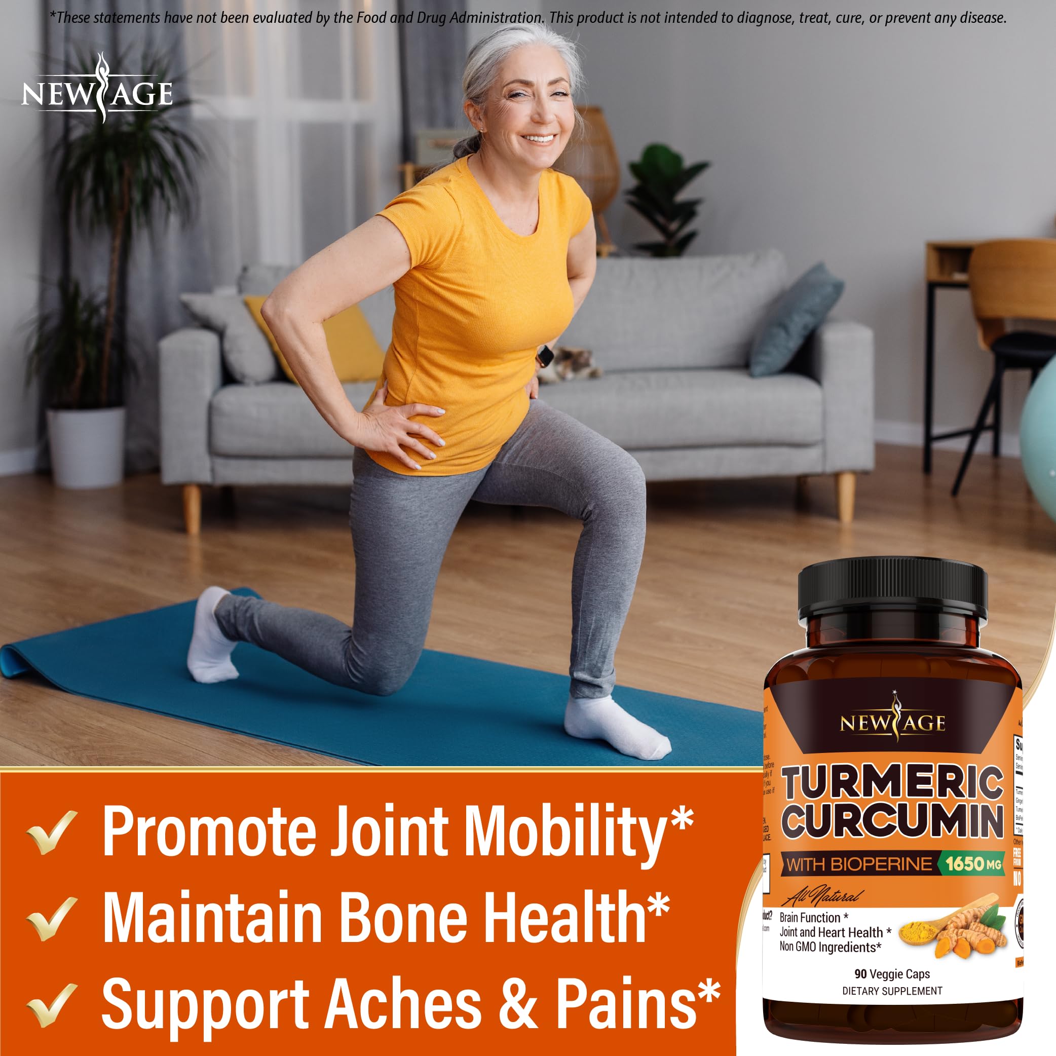 NEW AGE Turmeric Curcumin capsules inside bottle ready to take.