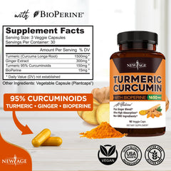 NEW AGE Turmeric Curcumin capsules label detail highlights standardized curcuminoids.