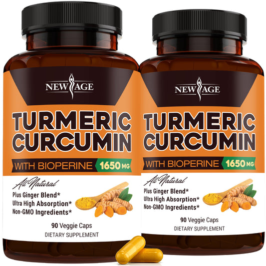 NEW AGE Turmeric Curcumin capsules front bottle for daily supplement routine.