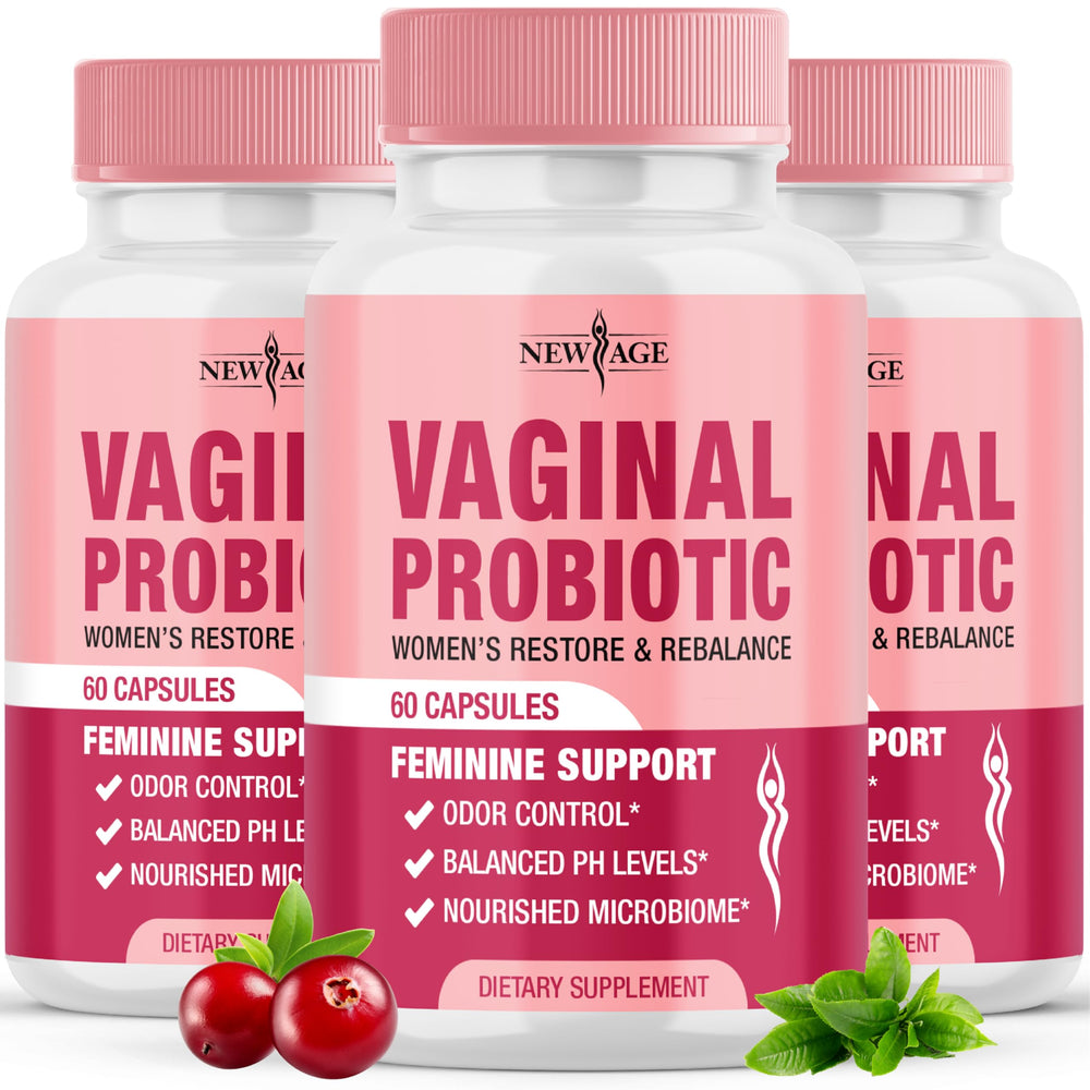 New Age Vaginal Probiotics bottle close-up highlighting pH balance support