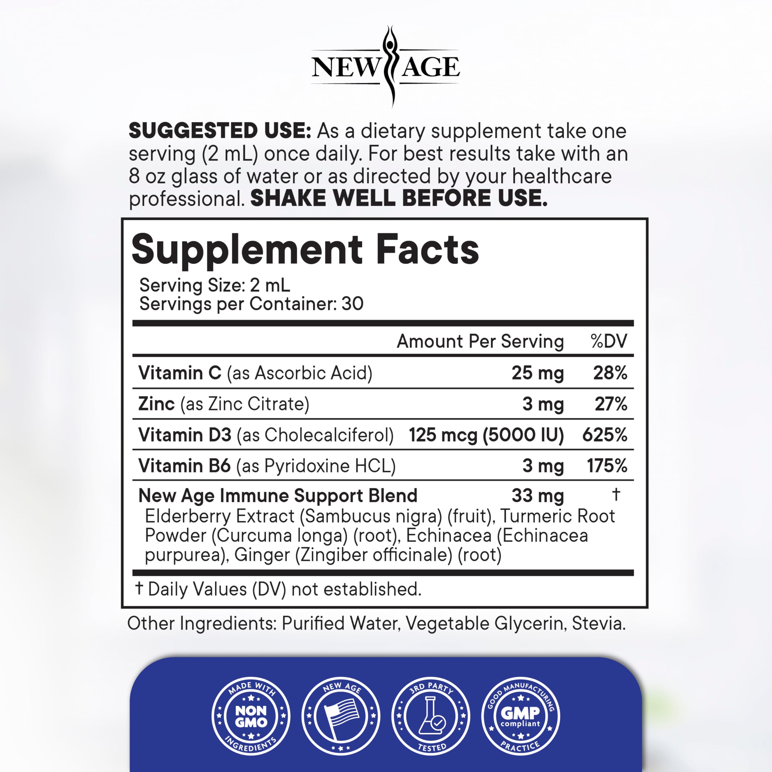 New Age vegan non-GMO alcohol-free label signals clean ingredients and quality.