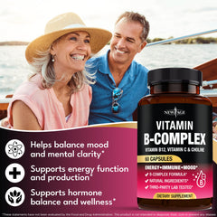 NEW AGE Vitamin B Complex capsules arranged to show broad B vitamin coverage