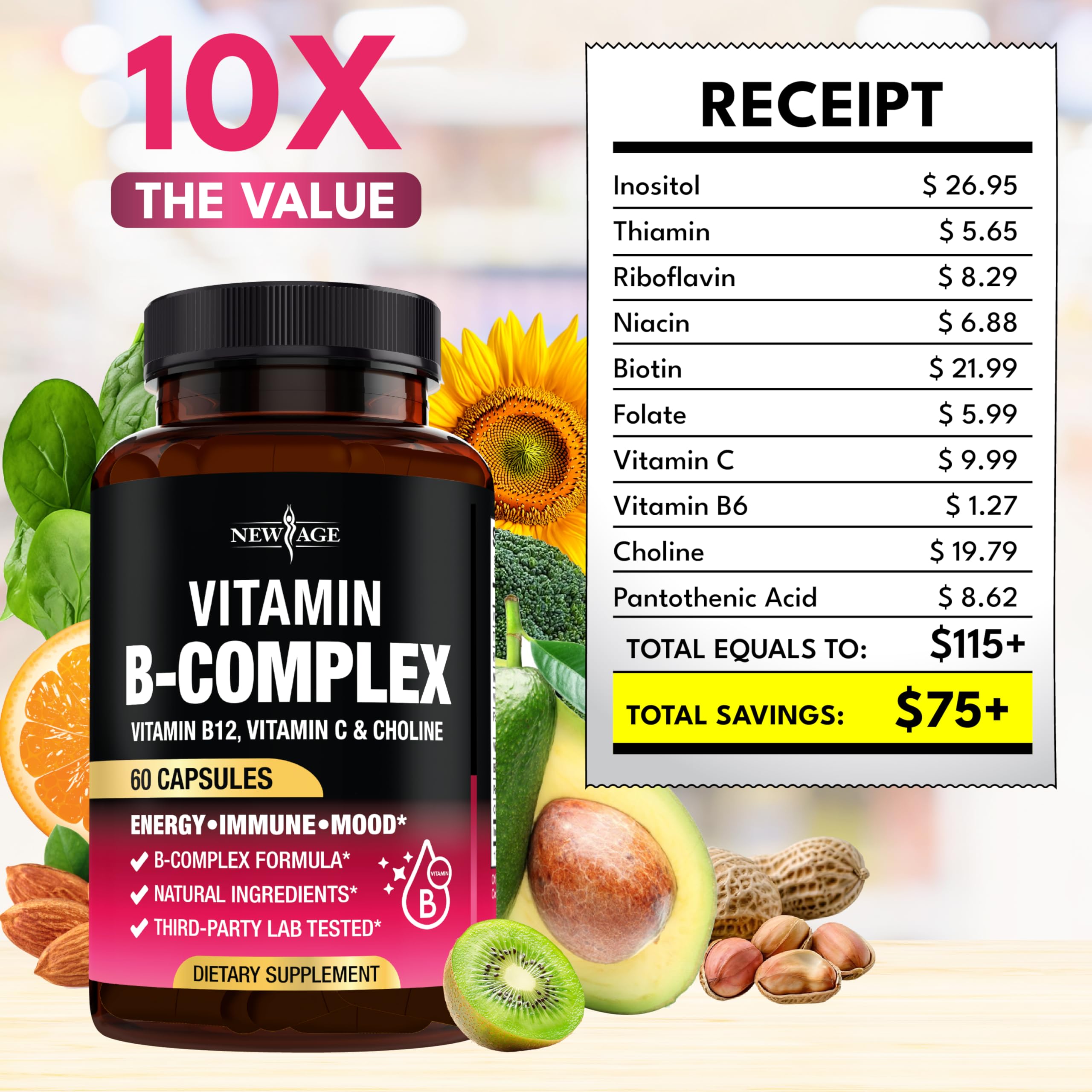 NEW AGE Vitamin B Complex bottle suggesting energy metabolism benefits