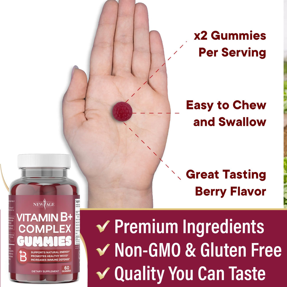 New Age Vitamin B Complex Gummies packaging note; made in the USA.