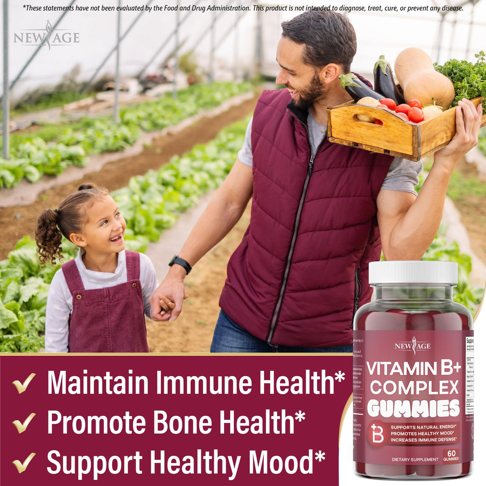 New Age Vitamin B Complex Gummies texture closeup; soft berry chew.