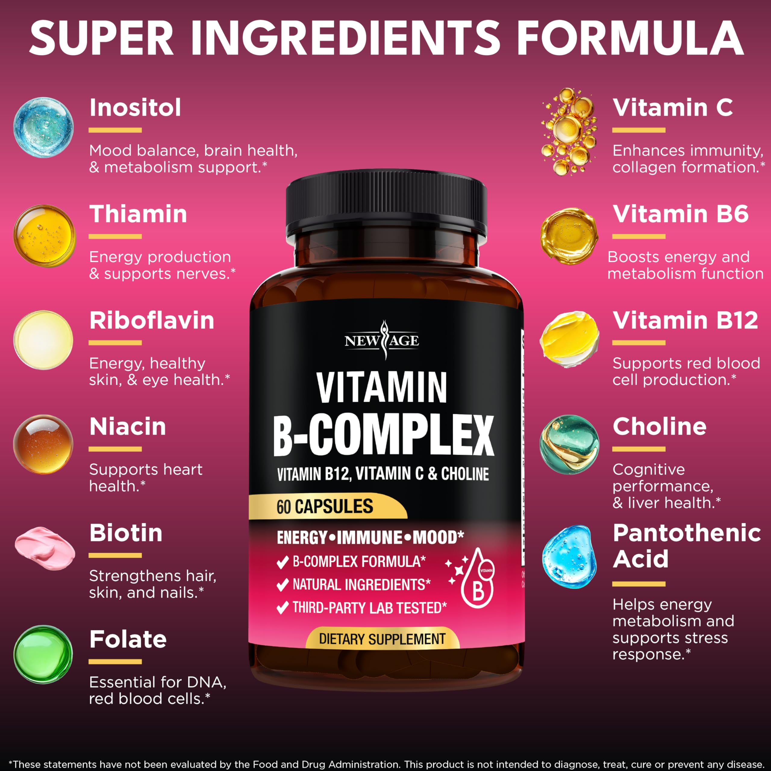 NEW AGE Vitamin B Complex packaging highlighting USA-made quality and safety