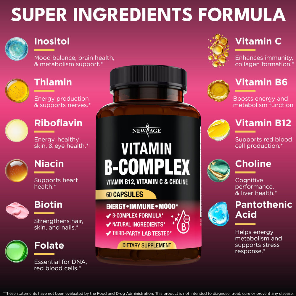 NEW AGE Vitamin B Complex packaging highlighting USA-made quality and safety