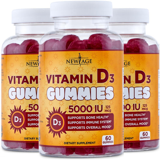 New Age Vitamin D3 Gummies bottle with 5000 IU per serving for daily wellness