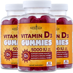 New Age Vitamin D3 Gummies bottle with 5000 IU per serving for daily wellness