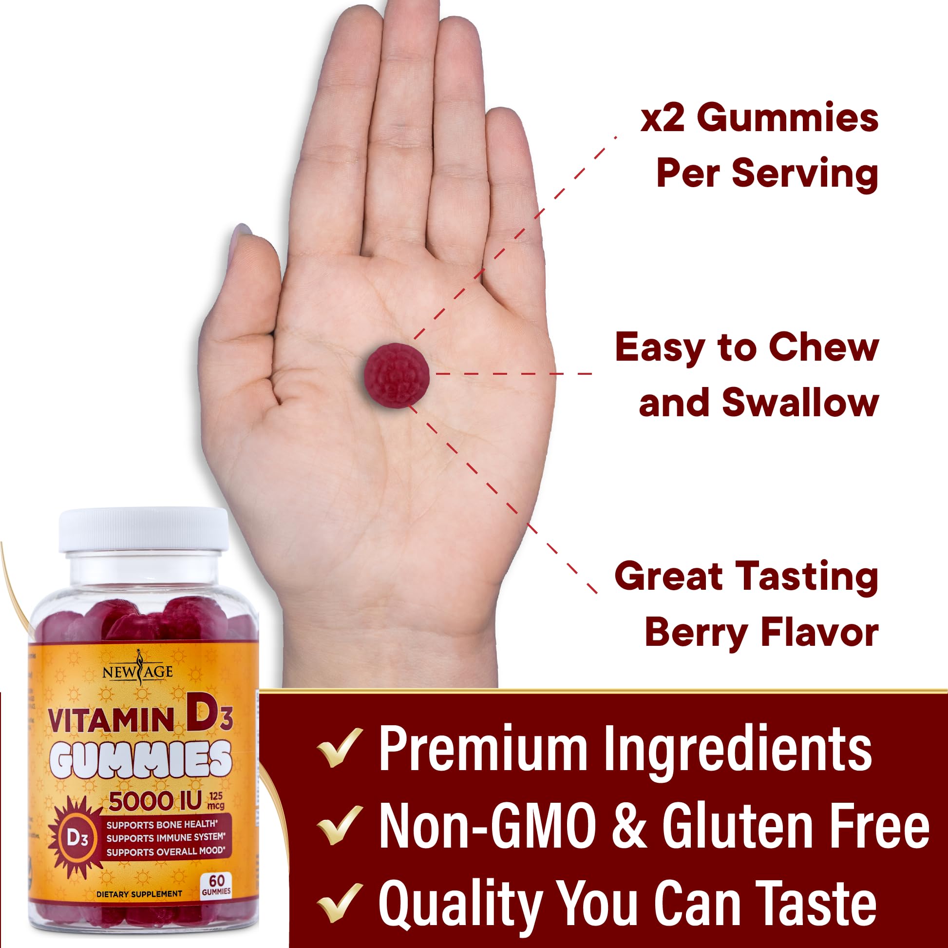 New Age Vitamin D3 Gummies label highlighting purity and third-party testing
