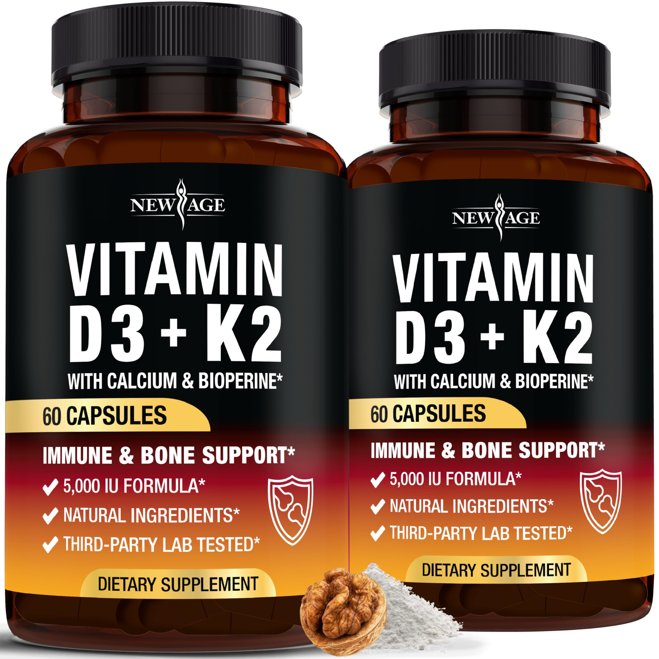 NEW AGE Vitamin D3 + K2 bottle front shows high-potency bone support.