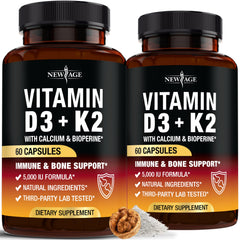 NEW AGE Vitamin D3 + K2 bottle front shows high-potency bone support.