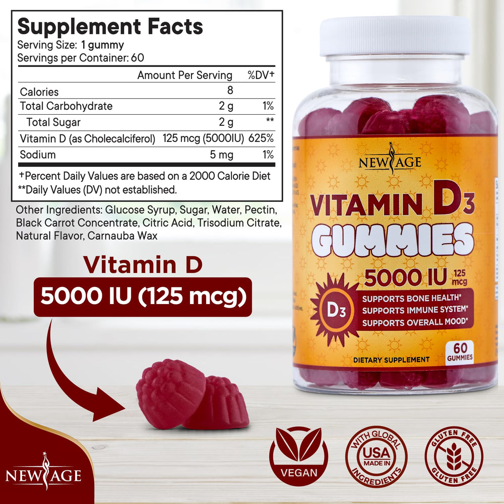 NEW AGE Vitamin D3 gummies natural fruit flavors on label for easy daily use
