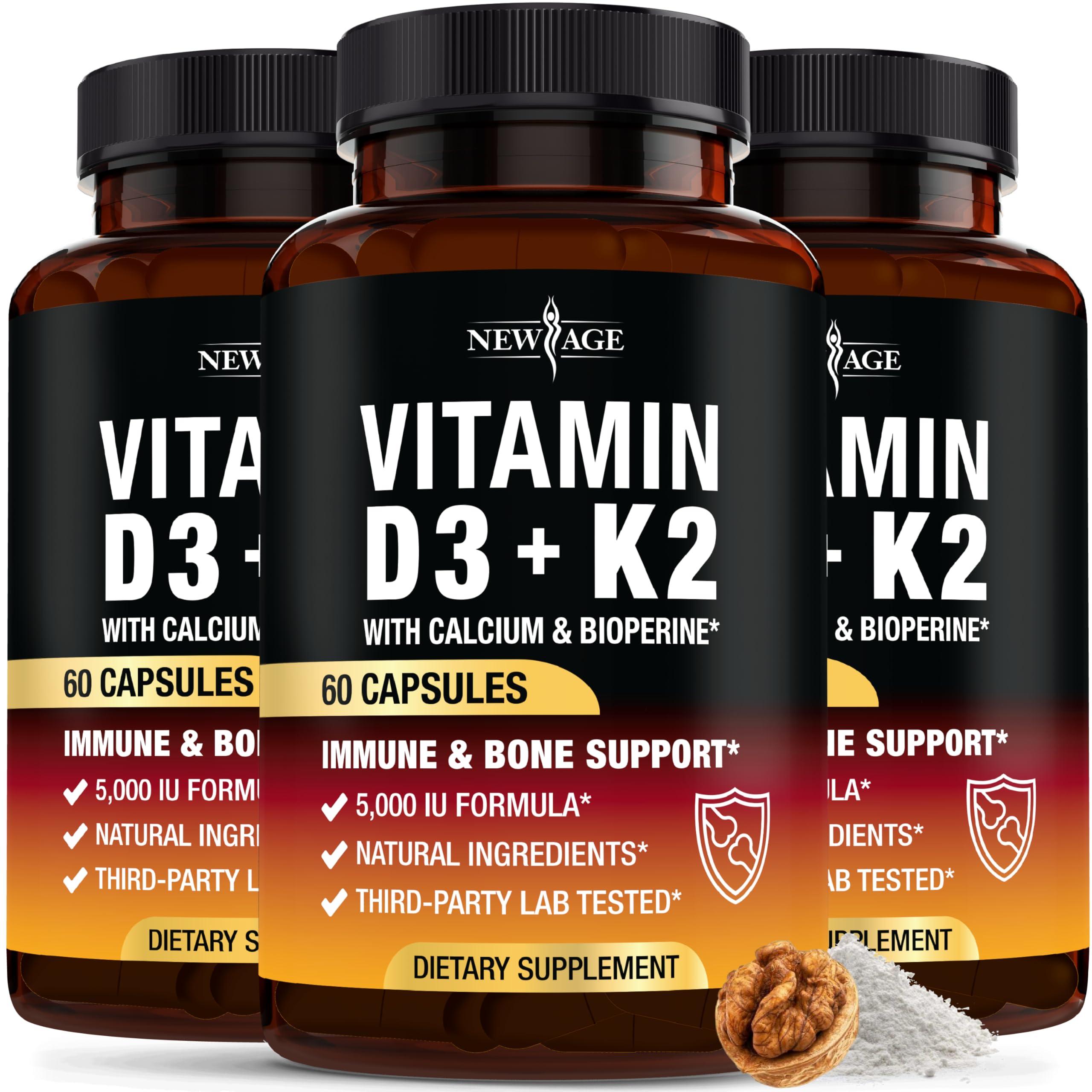 NEW AGE Vitamin D3 K2 bottle front promotes bone health and daily wellness.