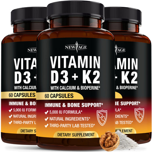 NEW AGE Vitamin D3 K2 bottle front promotes bone health and daily wellness.