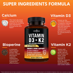 NEW AGE Vitamin D3 K2 capsules closeup highlights vegan, non-GMO formula for immune support.