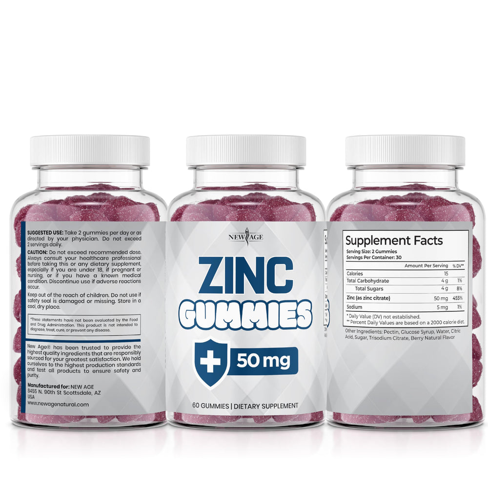 New Age Zinc Gummies allergen-free claim emphasizing dairy-free, nut-free options.