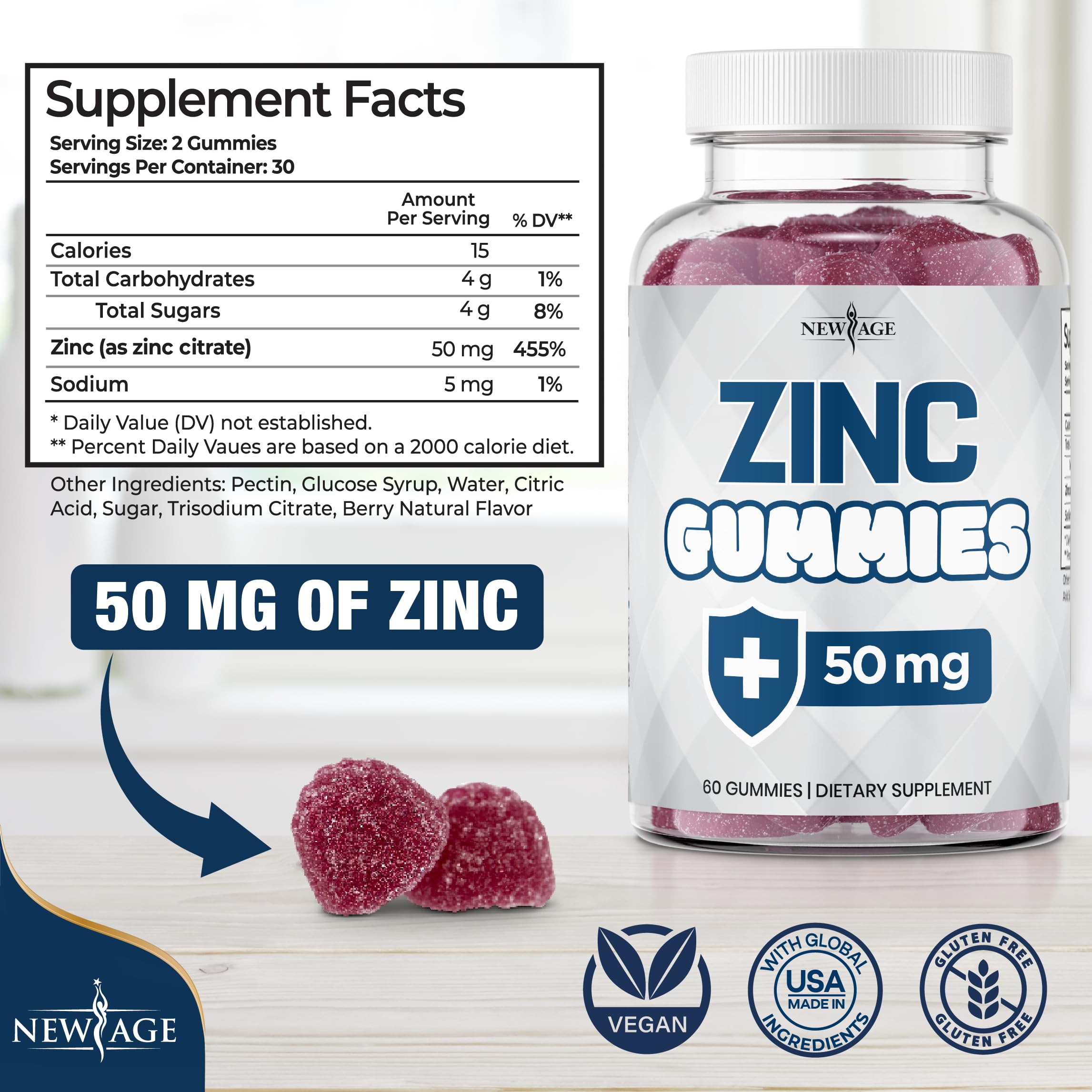 NEW AGE Zinc Gummies chew close-up highlights soft texture for convenient daily use.
