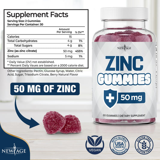 NEW AGE Zinc Gummies chew close-up highlights soft texture for convenient daily use.