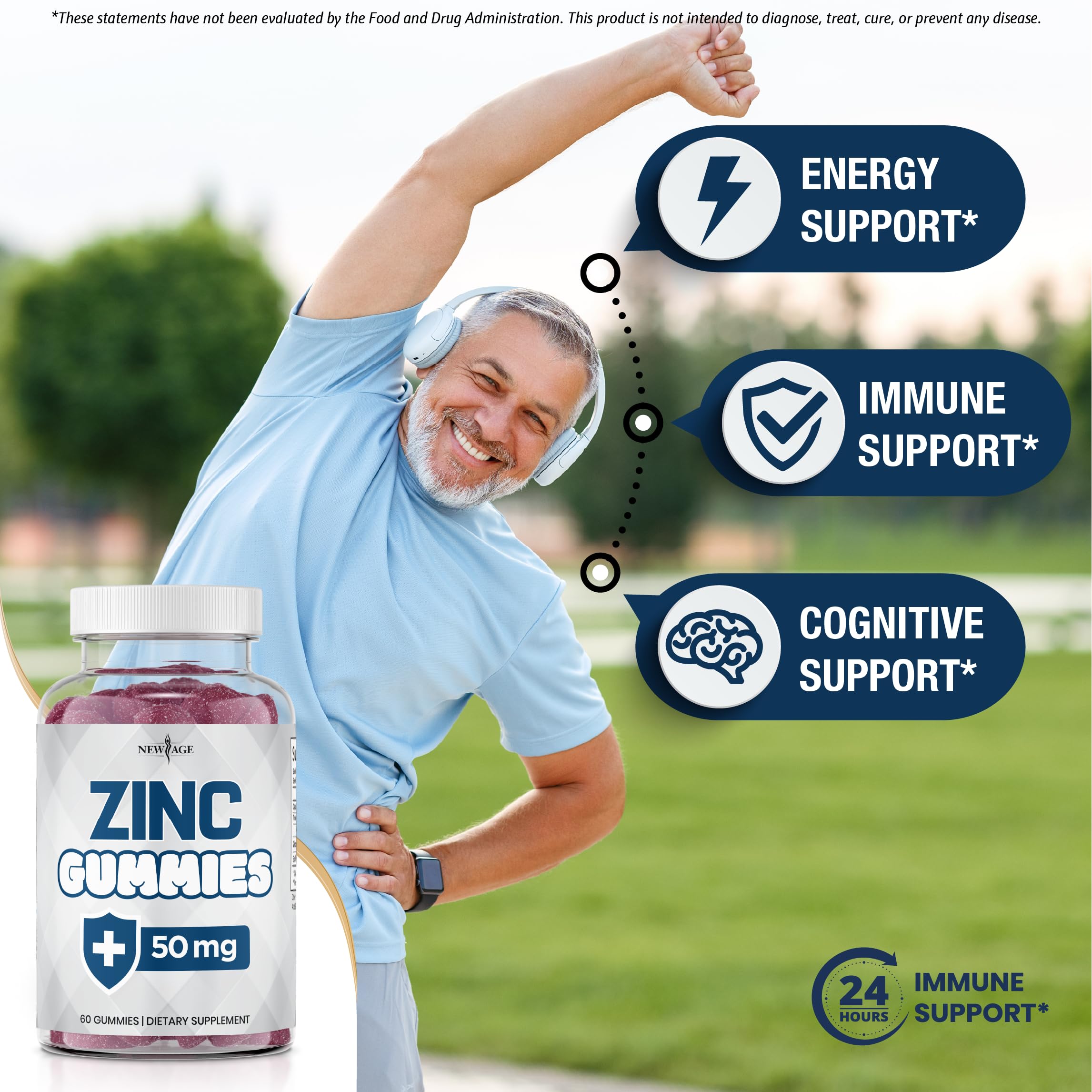 New Age Zinc Gummies label close-up shows allergen-free and non-GMO properties.