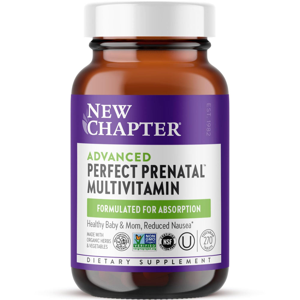 New Chapter Advanced Perfect Prenatal bottle with daily tablets for prenatal support.
