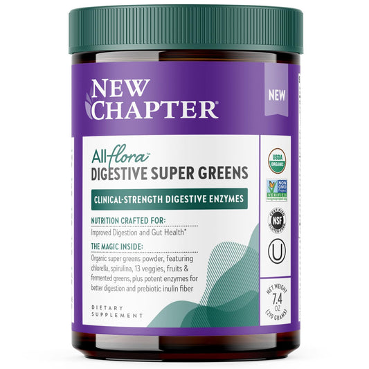 New Chapter All-Flora Digestive Super Greens bottle on counter for easy daily digestion support