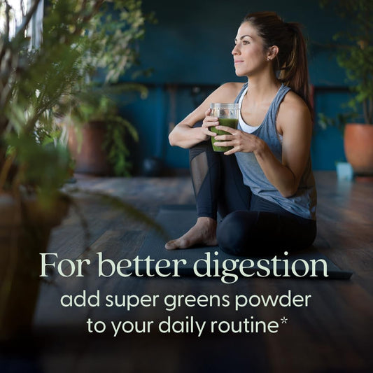 Close-up of All-Flora Digestive Super Greens tub showing organic blend and powder texture