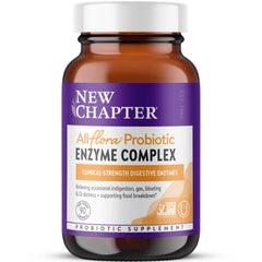 New Chapter All-Flora enzyme bottle showing five enzymes for meal digestion.