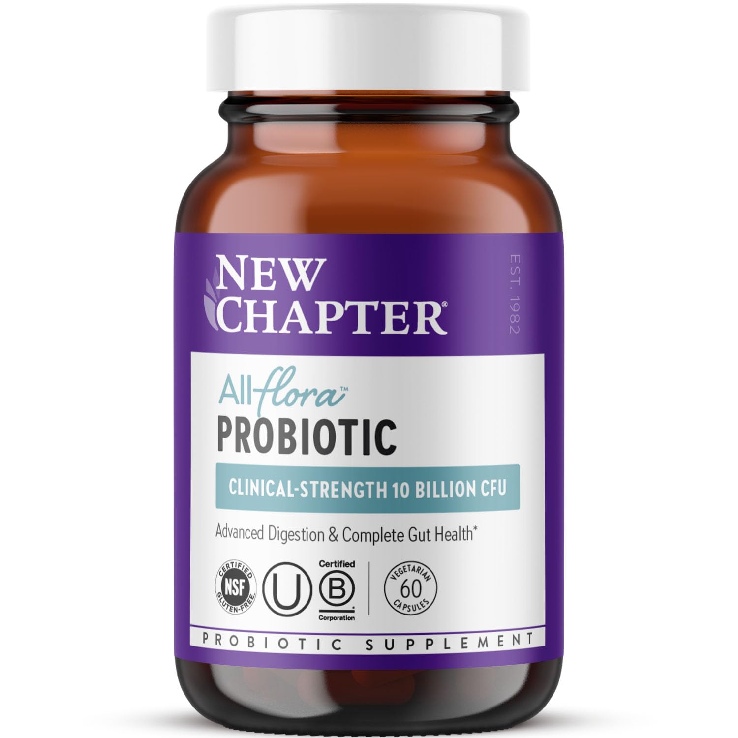 New Chapter All-Flora probiotic bottle on kitchen counter for daily digestion support