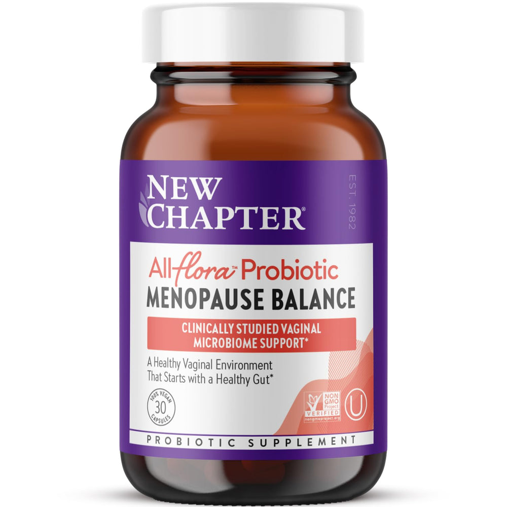 New Chapter All-Flora Balance bottle with capsules for menopause support.