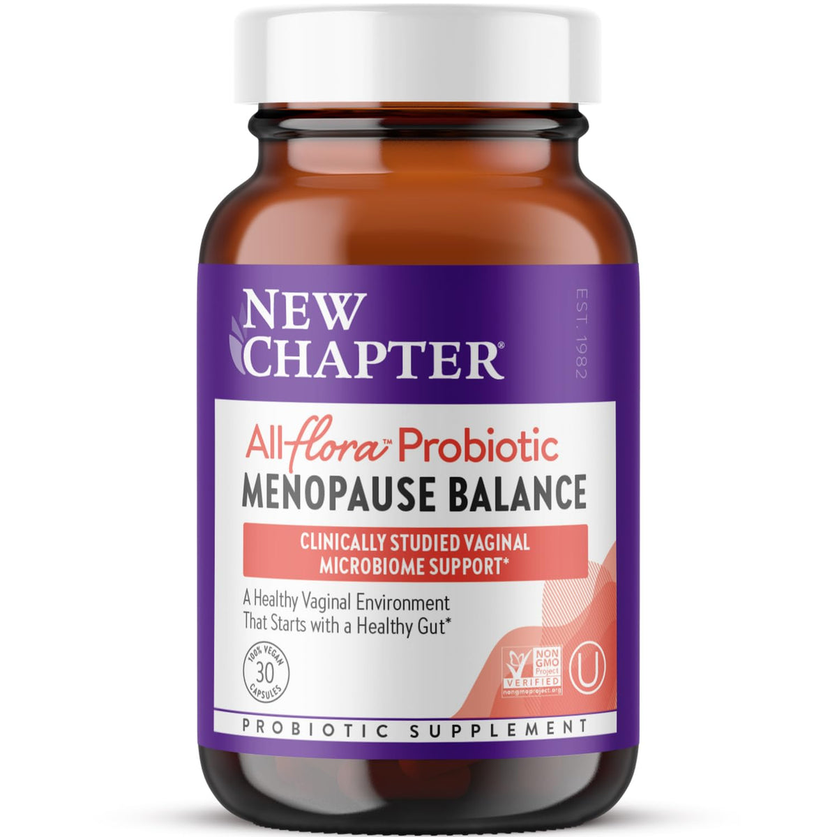 New Chapter All-Flora Balance bottle with capsules for menopause support.