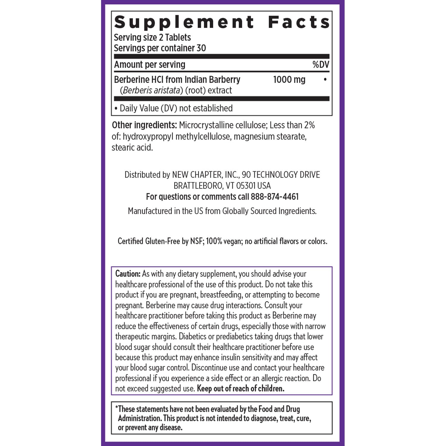 Non-GMO, NSF gluten-free, kosher-certified Berberine supplement by New Chapter.