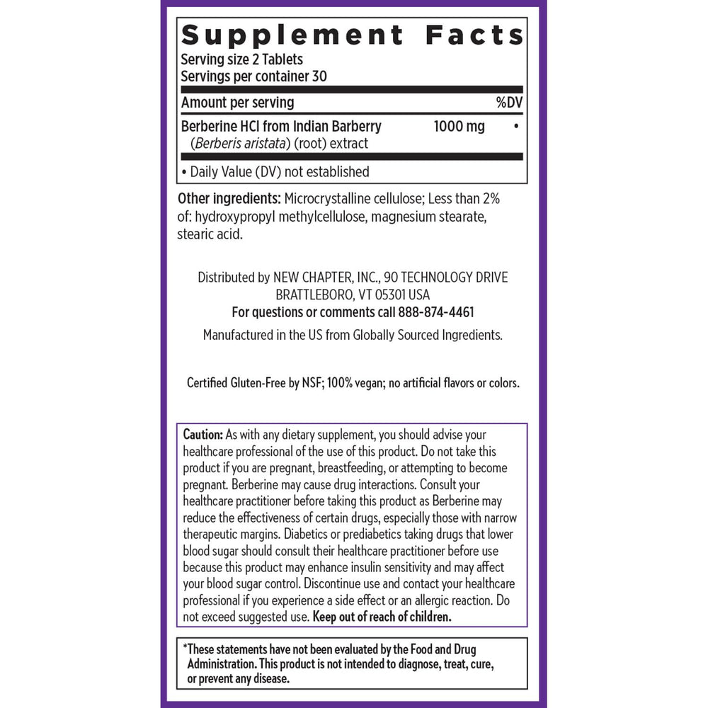 Non-GMO, NSF gluten-free, kosher-certified Berberine supplement by New Chapter.
