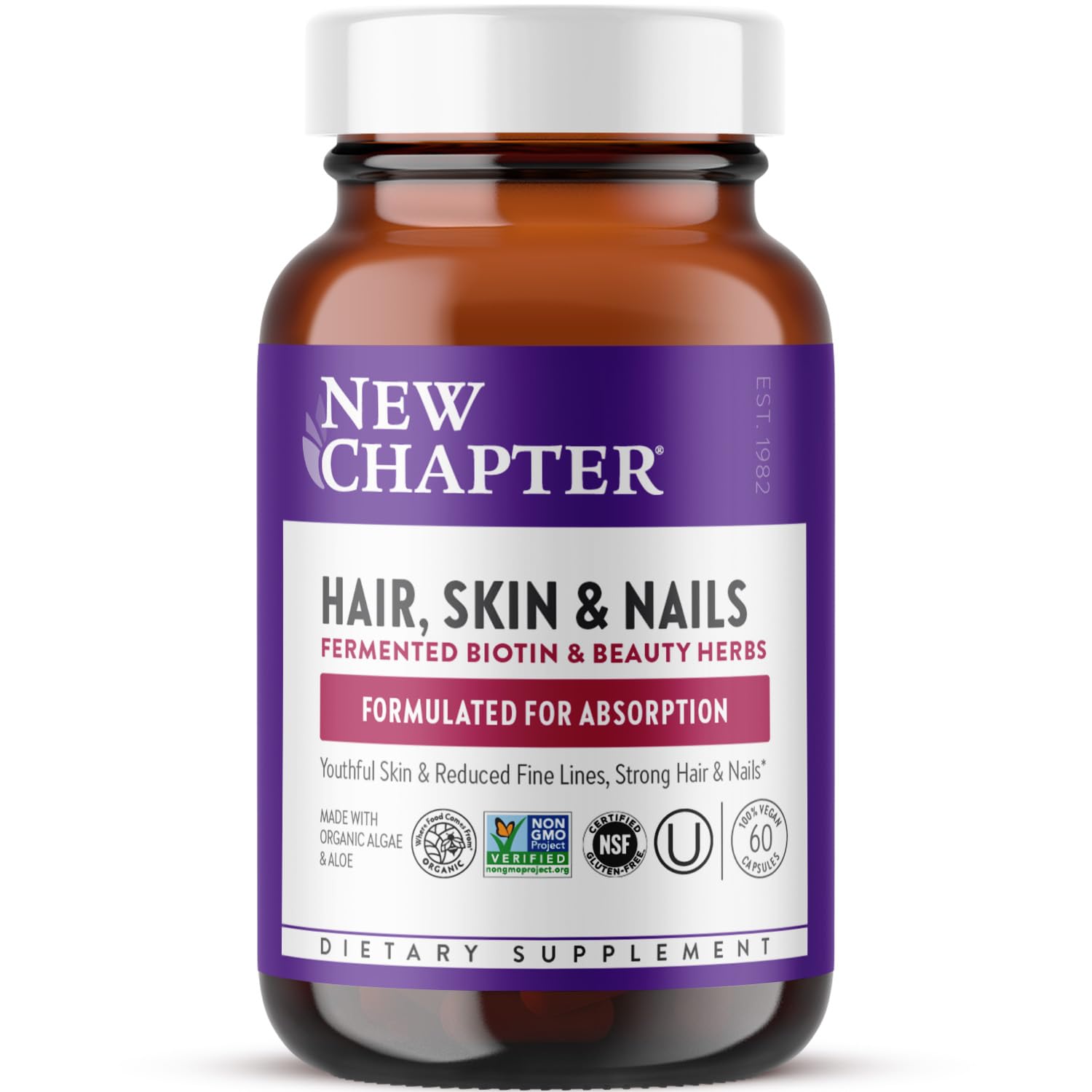 New Chapter biotin supplement bottle close-up showing a vegan beauty solution for hair and nails.