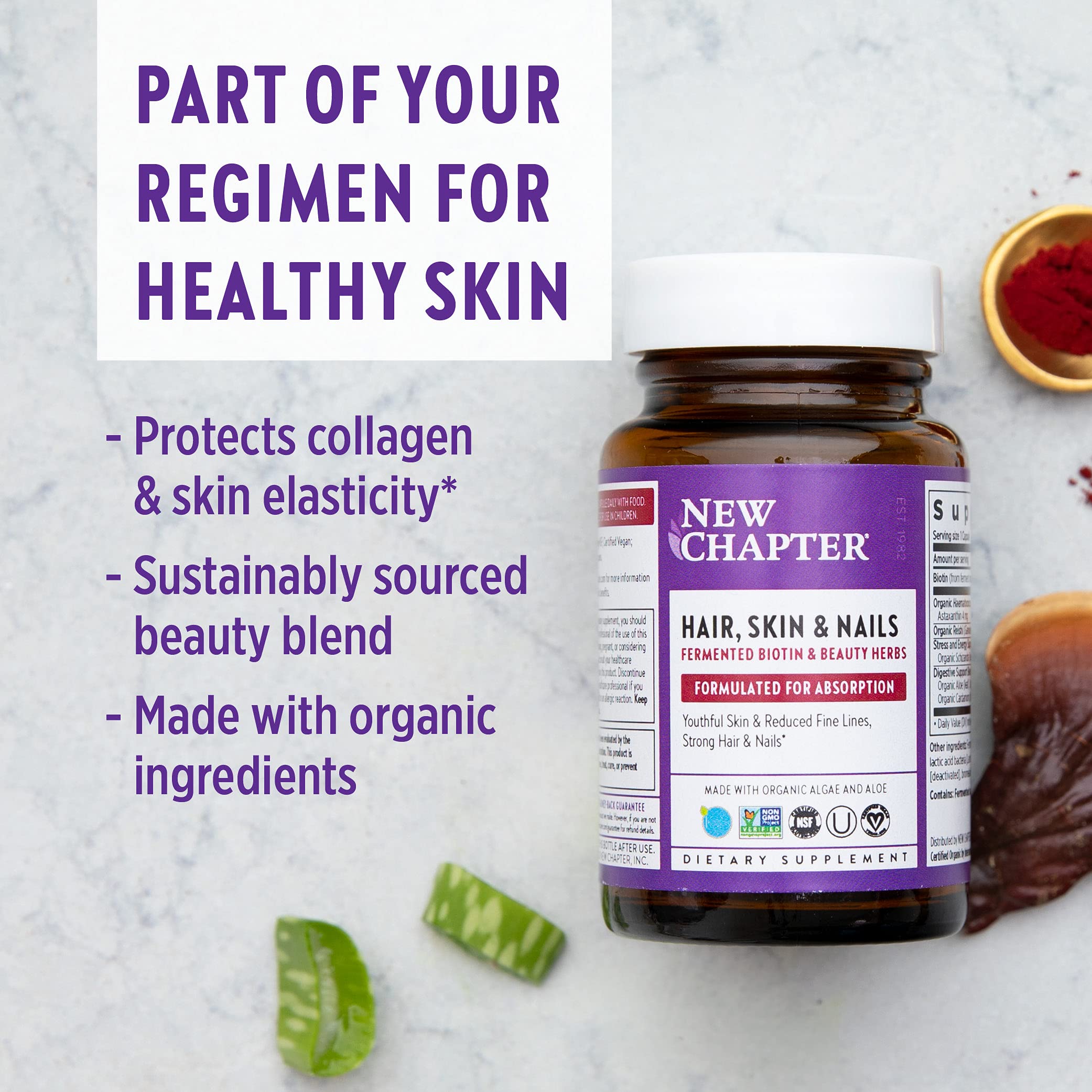 New Chapter bottle side label showcases certifications and ingredients.