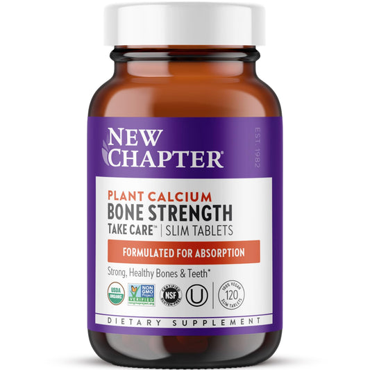 New Chapter calcium supplement bottle front, plant-based organic formula for bone support.