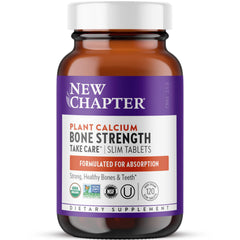 New Chapter calcium supplement bottle front, plant-based organic formula for bone support.