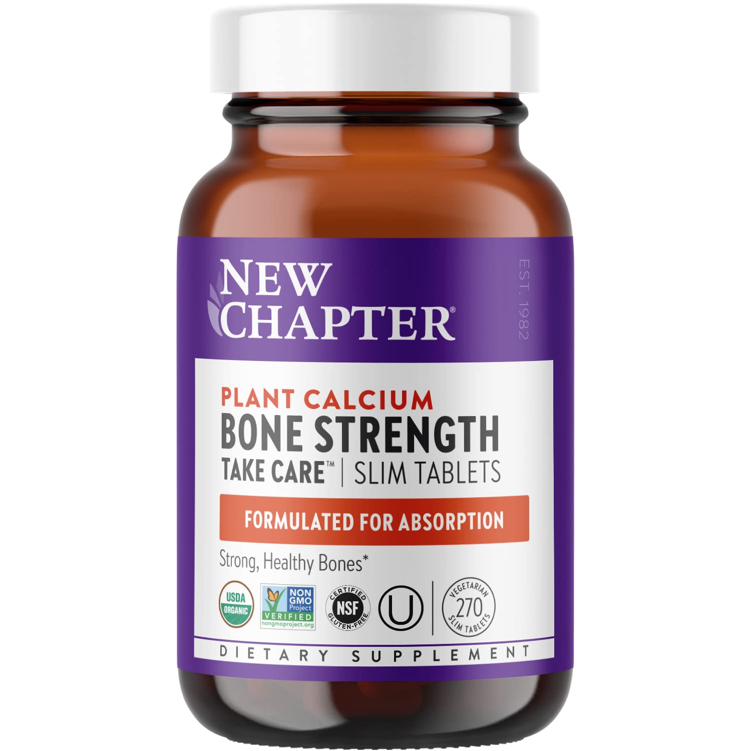 New Chapter calcium supplement bottle label highlights organic plant calcium source.