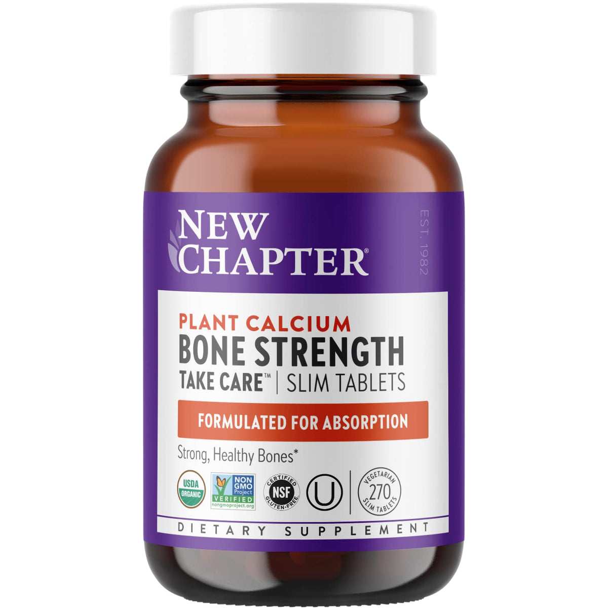 New Chapter calcium supplement bottle label highlights organic plant calcium source.