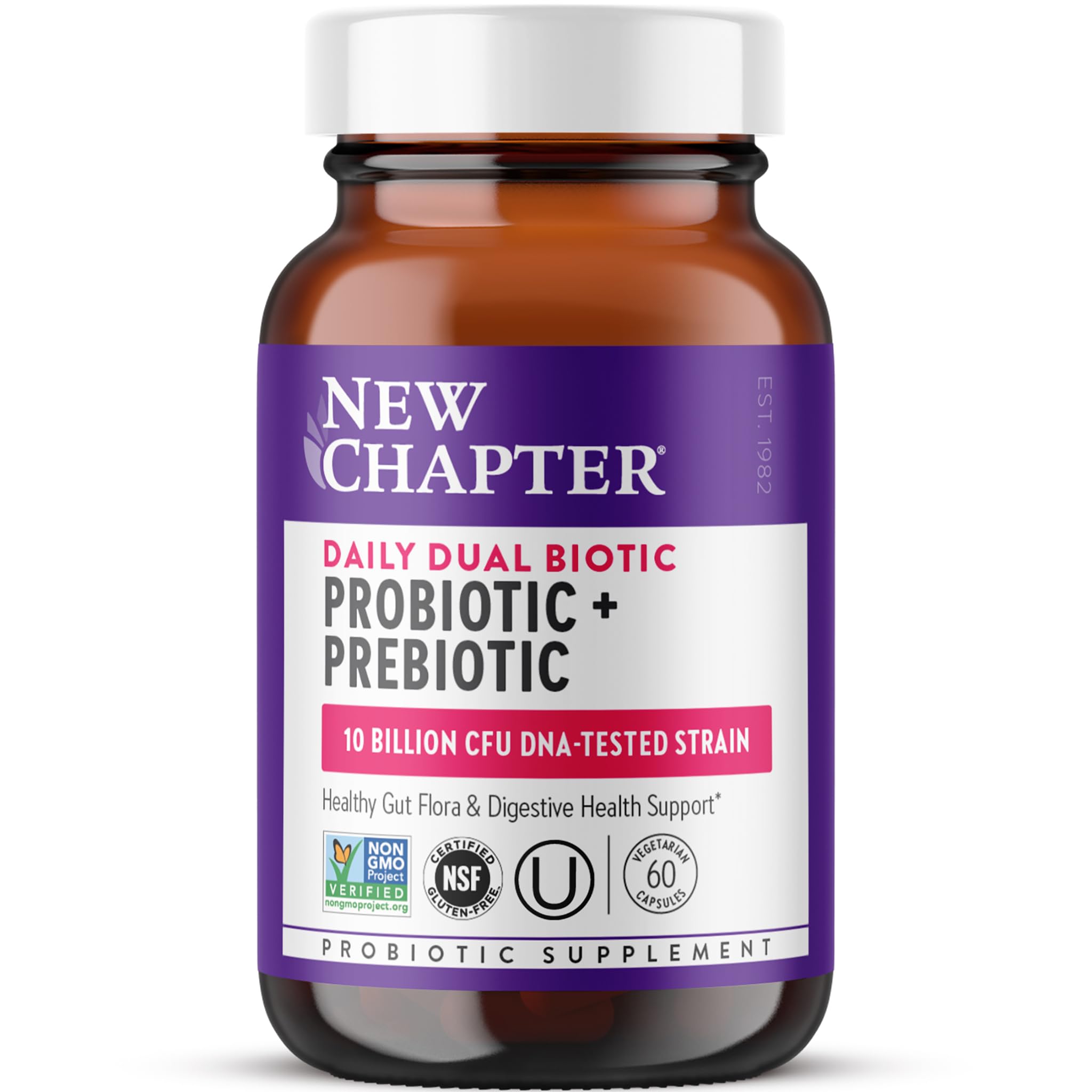New Chapter Daily Dual Biotic bottle showing 60 capsules for digestion support