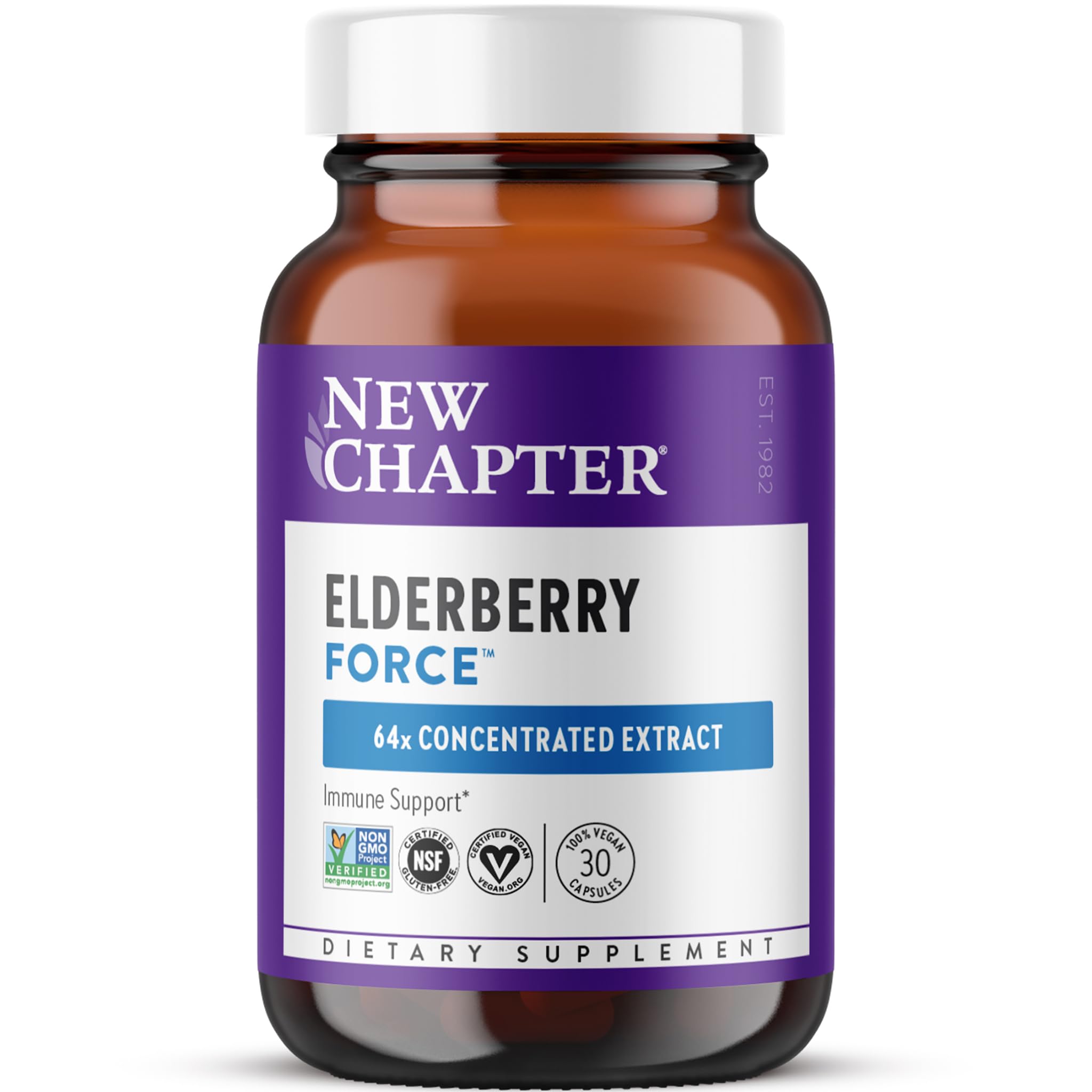 New Chapter elderberry capsules bottle highlighting 64x concentrated elderberry for daily immune support