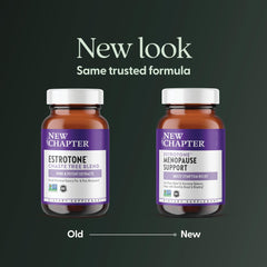 New Chapter Estrotone label closeup emphasizing herbal blend and hormone-free formula.