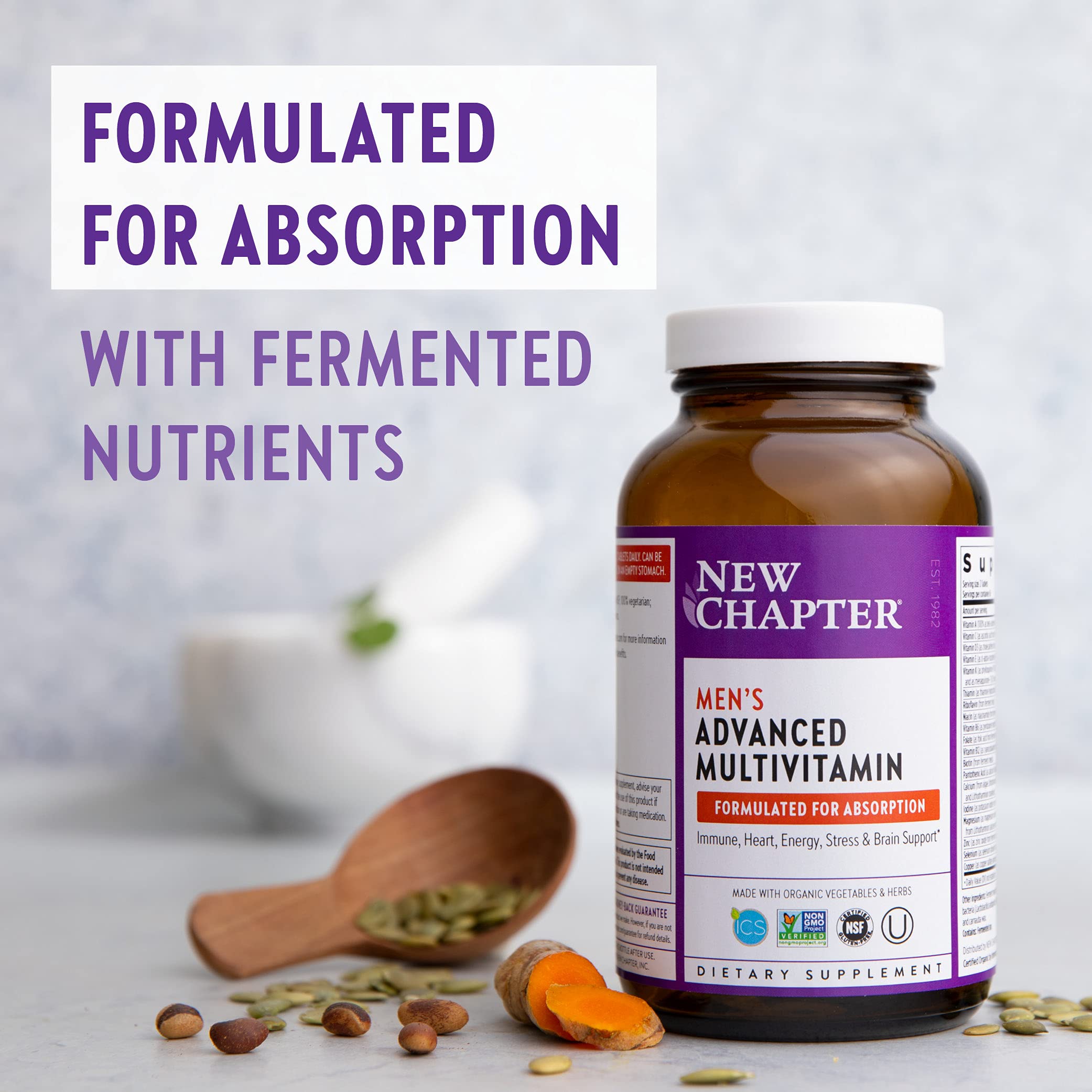 New Chapter Every Man organic ingredients image focusing on whole-food complex.